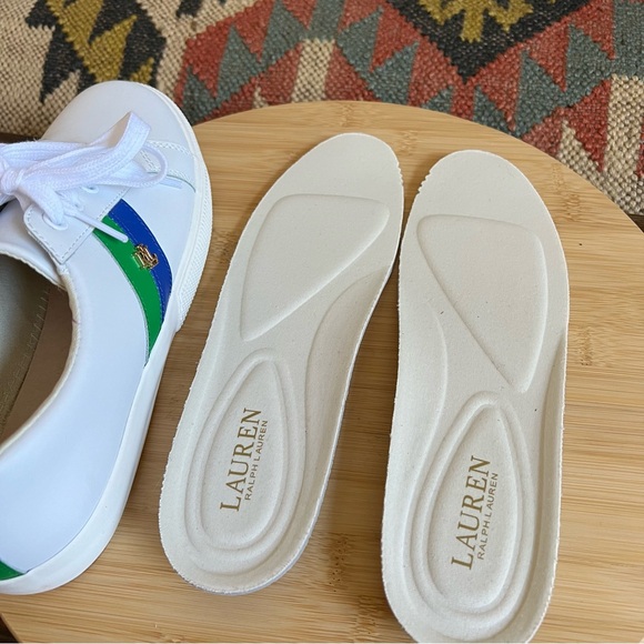 Lauren Ralph Lauren Jason II White Cow Leather Sneakers Blue/Green Stripes US8 - Picture 7 of 15